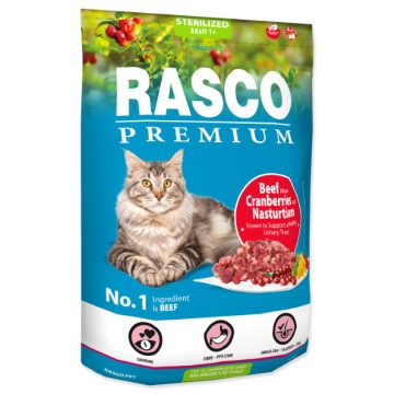   Rasco Premium száraztáp ivartalanított macskáknak, marha áfonyával, vizitorma kivonattal  400g