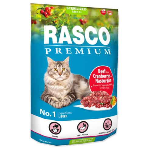 Rasco Premium száraztáp ivartalanított macskáknak, marha áfonyával, vizitorma kivonattal  400g