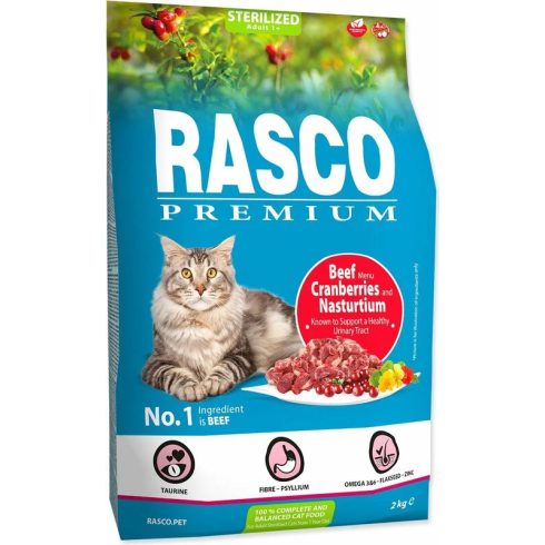 Rasco Premium száraztáp ivartalanított macskáknak, marha áfonyával, vizitorma kivonattal 2kg