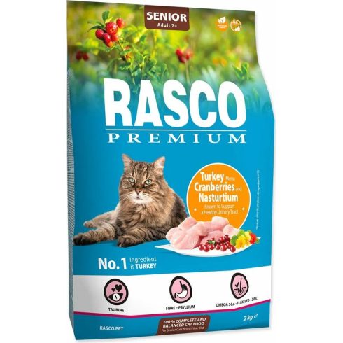 Rasco Premium száraztáp idős macskáknak, pulyával, áfonyával, vizitorma kivonattal  2kg