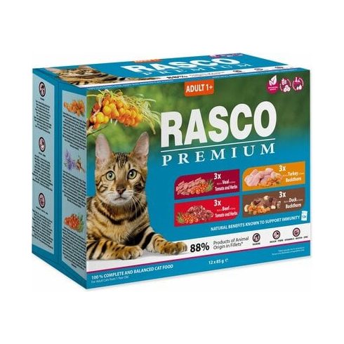 Rasco Premium alutasakos felnőtt macskáknak, 3x marhás ; 3xborjús ; 3x pulyás, 3x kacsás 12x85g