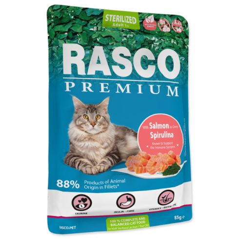 Rasco Premium alutasakos ivartalanított macskáknak, lazac sprirulinával 85g