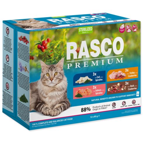 Rasco Premium alutasakos ivartalanított macskáknak 3x lazacos; 3xtőkehalas; 3xkacsával; 3xpulyával 12x85g