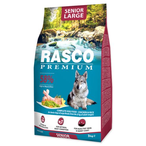 RASCO Premium száraztáp csirkével és rizzsel 25 kg feletti, nagy és óriás fajtájú idősebb kutyák számára, 3kg