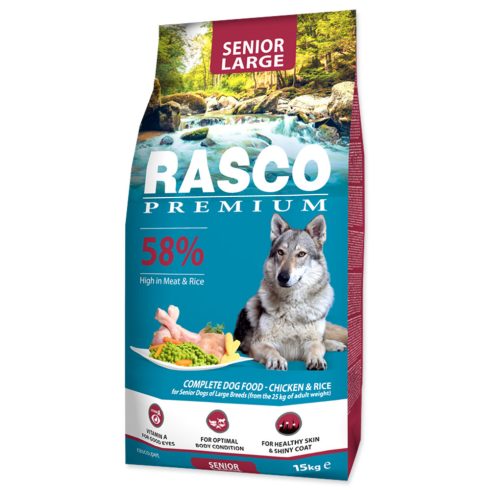 RASCO Premium száraztáp csirkével és rizzsel 25kg feletti, nagy és óriás fajtájú idősebb kutyák számára, 15kg