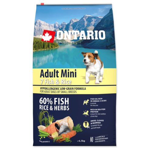 ONTARIO száraztáp felnőtt, kistestű kutyáknak hallal és rizzsel 6,5kg