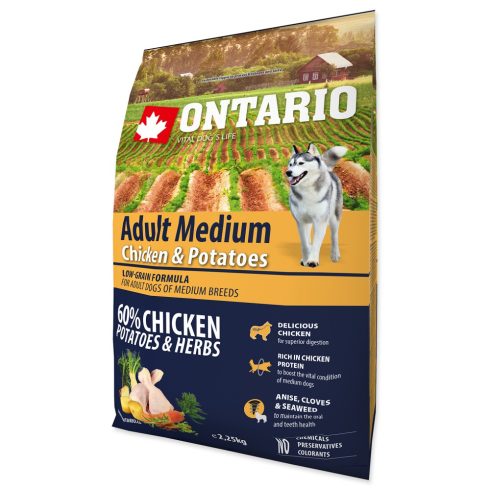ONTARIO száraztáp felnőtt, közepes testű kutyáknak csirkével és burgonyával 2,25kg