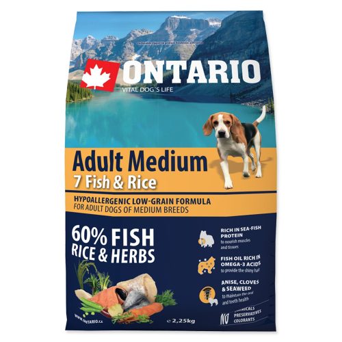 ONTARIO száraztáp felnőtt, közepes testű kutyáknak hallal és rizzsel 2,25kg