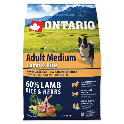 ONTARIO száraztáp felnőtt, közepes testű kutyáknak báránnyal és rizzsel 2,25kg