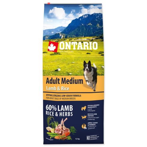ONTARIO száraztáp felnőtt, közepes testű kutyáknak báránnyal és rizzsel 12kg