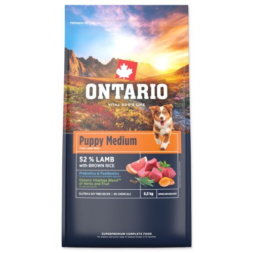 Ontario Kölyök közepes testű kutyaeledel bárányhús és barna rizs 6,5 kg