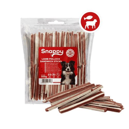 SNAPPY DOG SNACKS PAWSTICKS – Bárányos és Tőkehalas szendvicsrudacskák (500g)