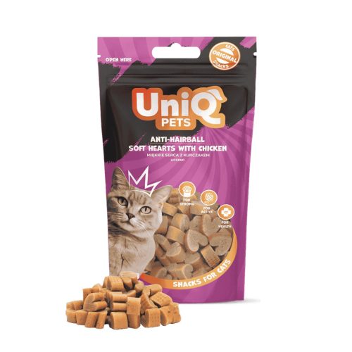 UNIQ PETS CAT SNACKS MIMI  macska jutalomfalat – Szőrlabda elleni puha csirkés szívecskék, 50g