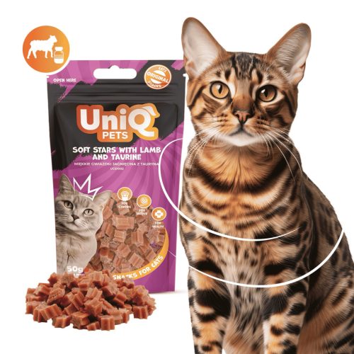 UNIQ PETS CAT SNACKS MIMI – bárányos és taurinos puha jutalomfalat macskáknak – csillag alakú, 50g