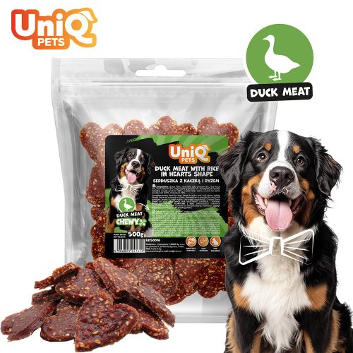 UNIQ PETS DOG SNACKS CHEWY – Kacsahúsos rizses szív alakú jutalomfalat, 500g