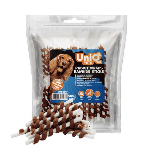 UNIQ PETS DOG SNACKS RAWHIDE – Nyúlhúsba tekert rágórudak (500g)