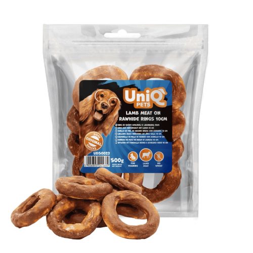 UNIQ PETS DOG SNACKS RAWHIDE – Bárányhúsos rágókarika bivalybőrrel (10 cm) 500g