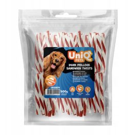   UNIQ PETS DOG SNACKS MEATY – Kacsa-tőkehal szendvics csavart rúd, 500g