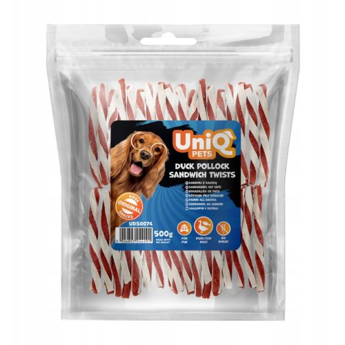 UNIQ PETS DOG SNACKS MEATY – Kacsa-tőkehal szendvics csavart rúd, 500g