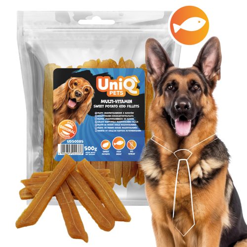 UNIQ PETS DOG SNACKS SEA & HARVEST – Multivitamin édesburgonya-tőkehal filé, 500g
