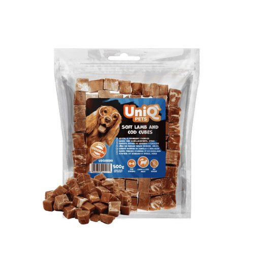 UNIQ PETS DOG SNACKS CHEWY – Puha bárányos és tőkehalas jutalomfalat kockák kutyáknak, 500g