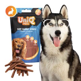   UNIQ PETS DOG SNACKS WAGGI kutyajutalomfalat – puha nyúlhúsos csíkok, 80g