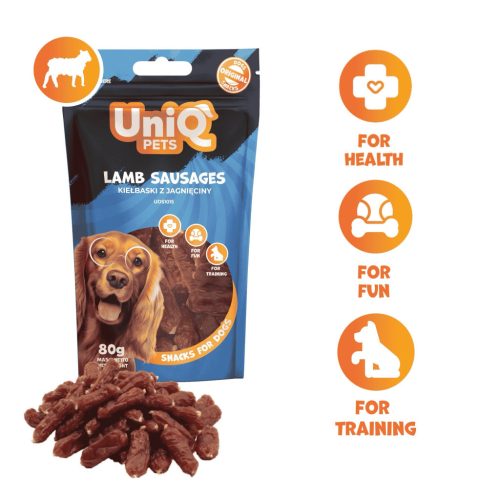 UNIQ PETS DOG SNACKS WAGGI kutya jutalomfalat – bárányos kolbászkák, 80g