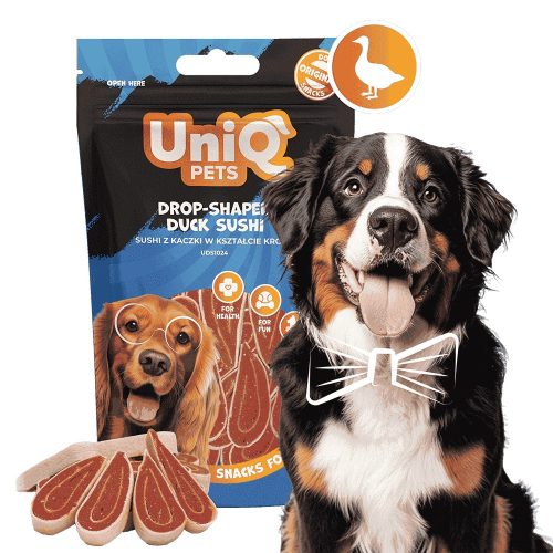 UNIQ PETS DOG SNACKS WAGGI – kutyacsemege – csepp alakú kacsás sushi, 80g