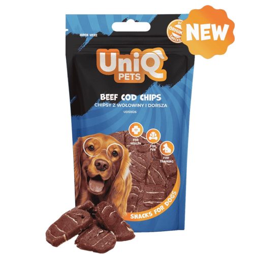 UNIQ PETS DOG SNACKS WAGGI – marha és tőkehal chips jutalomfalat kutyáknak, 80g